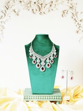 Elegant Women's Silver Necklace Set with Red Gemstones Brand Sama Heritage